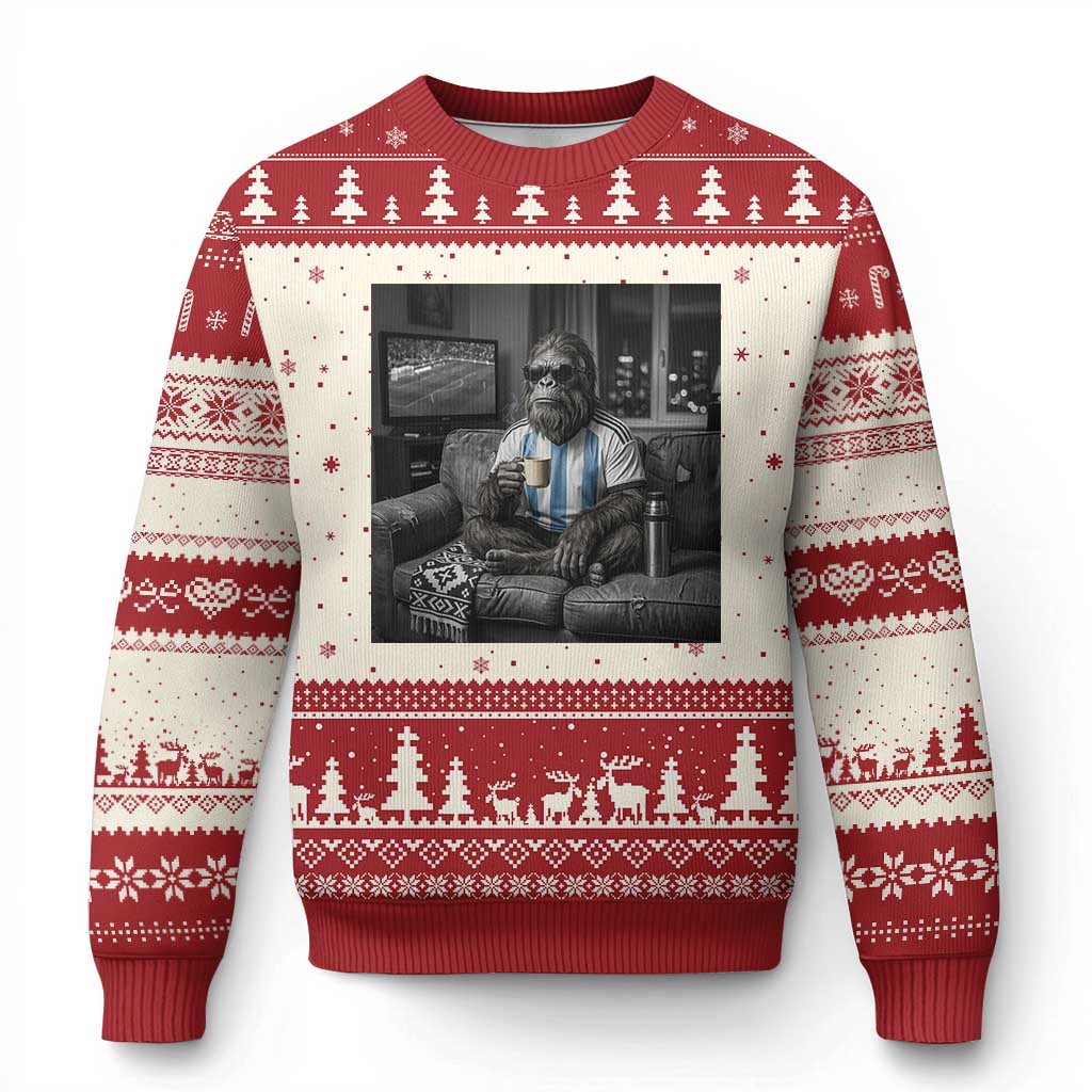 Funny Bigfoot Watching Soccer Ugly Christmas Sweater Argentina Futbol Fan