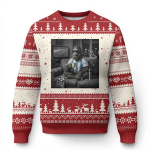 Funny Bigfoot Watching Soccer Ugly Christmas Sweater Argentina Futbol Fan