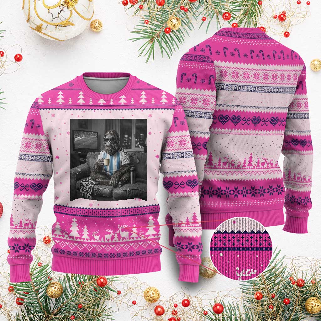 Funny Bigfoot Watching Soccer Ugly Christmas Sweater Argentina Futbol Fan