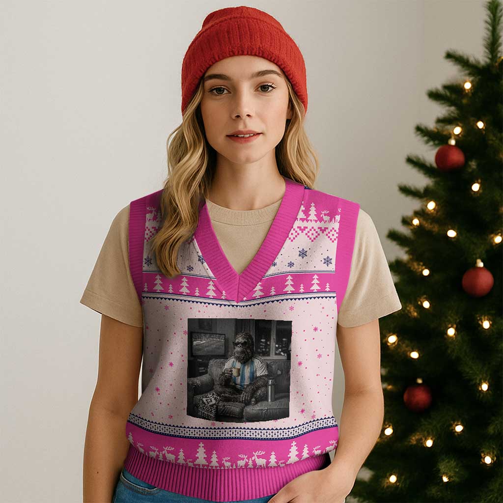 Funny Bigfoot Watching Soccer V-Neck Knit Sweater Vest Argentina Futbol Fan