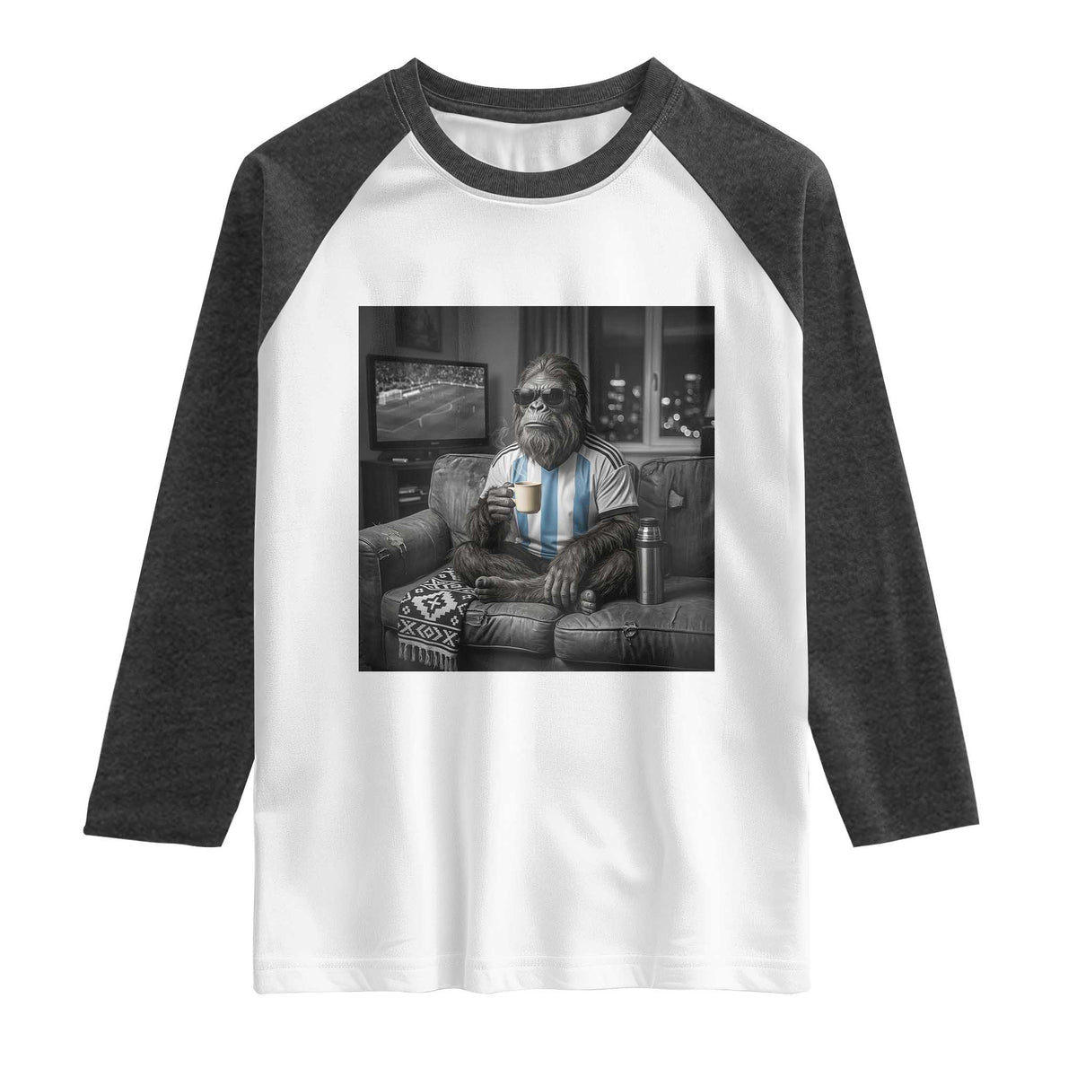 Funny Bigfoot Watching Soccer Raglan Shirt Argentina Futbol Fan