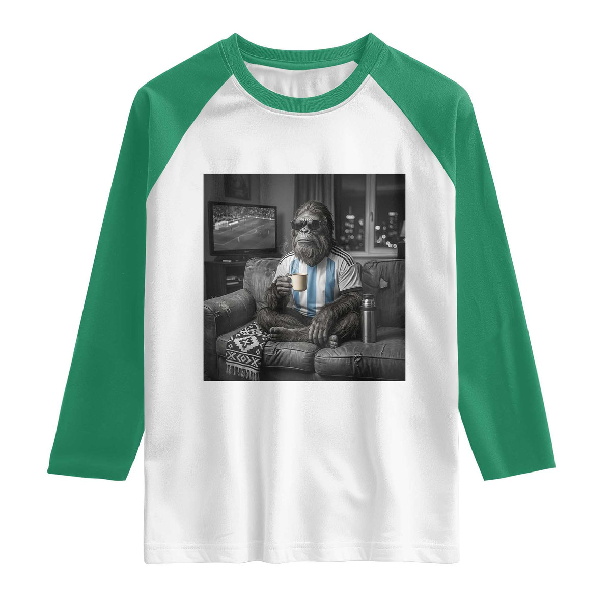 Funny Bigfoot Watching Soccer Raglan Shirt Argentina Futbol Fan