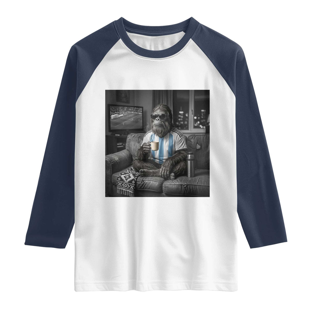 Funny Bigfoot Watching Soccer Raglan Shirt Argentina Futbol Fan