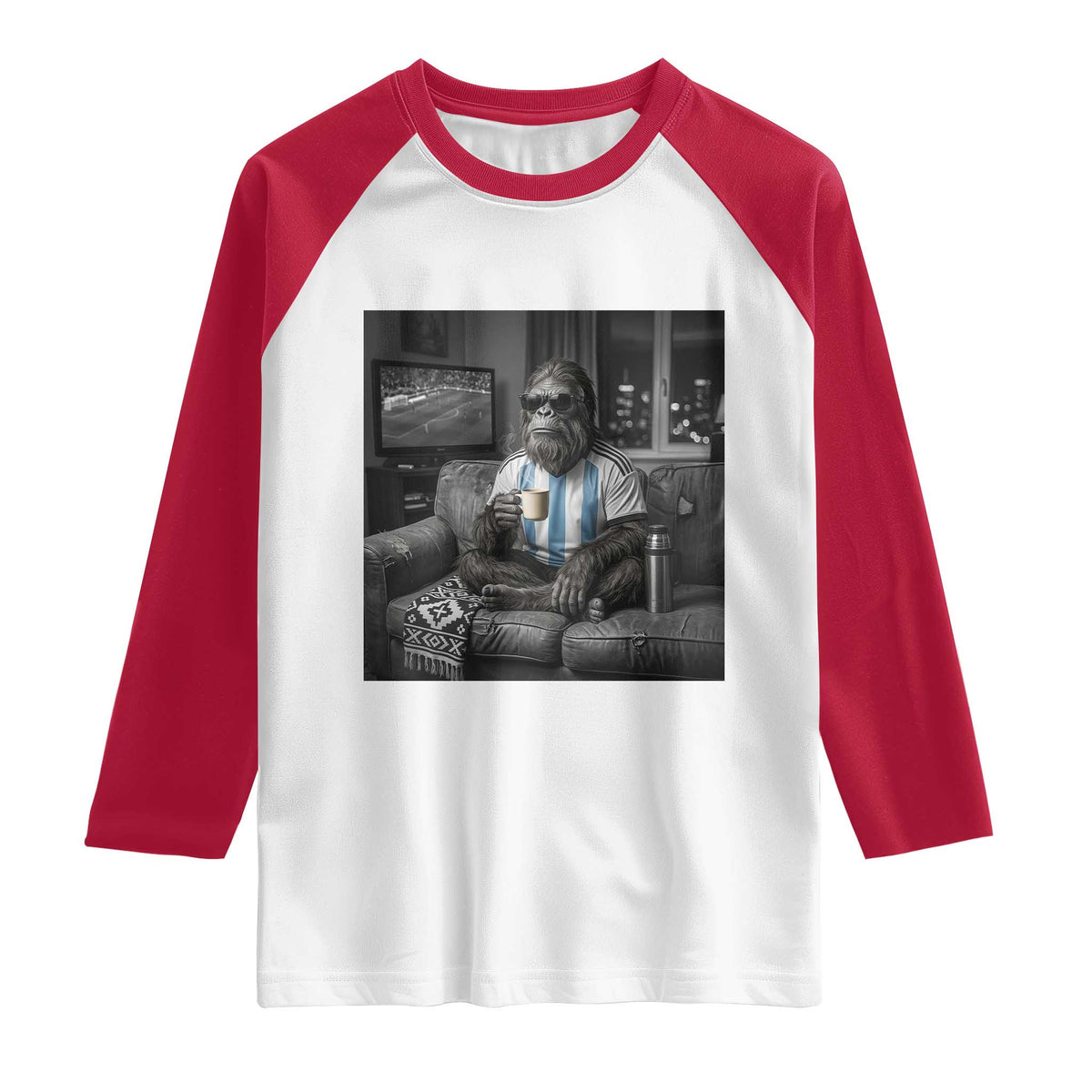 Funny Bigfoot Watching Soccer Raglan Shirt Argentina Futbol Fan