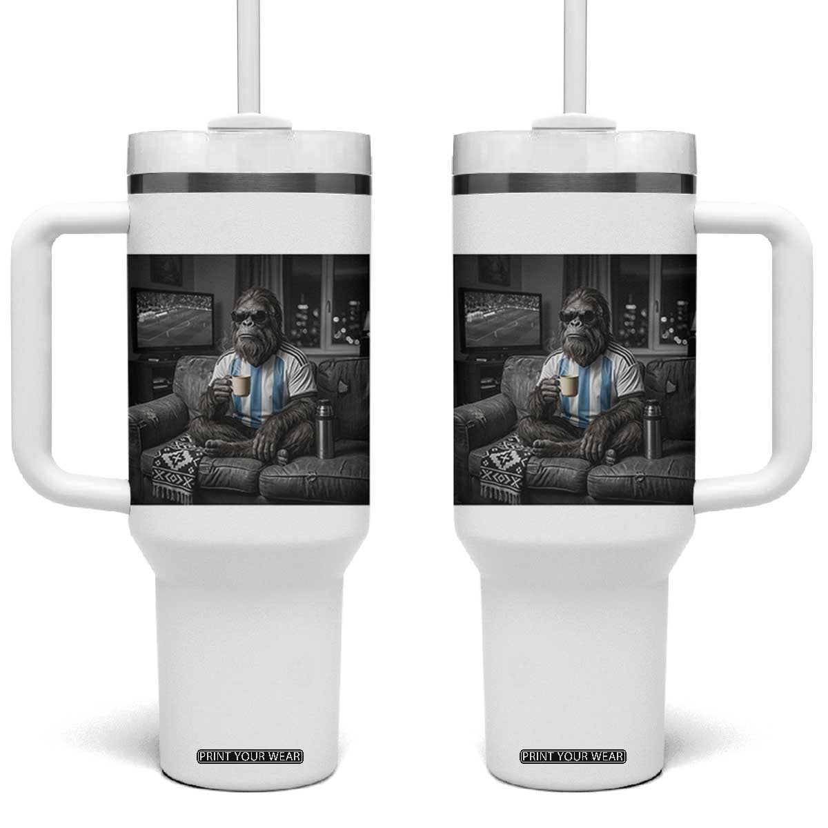 Funny Bigfoot Watching Soccer Tumbler With Handle Argentina Futbol Fan TS12 One Size: 40 oz White Print Your Wear