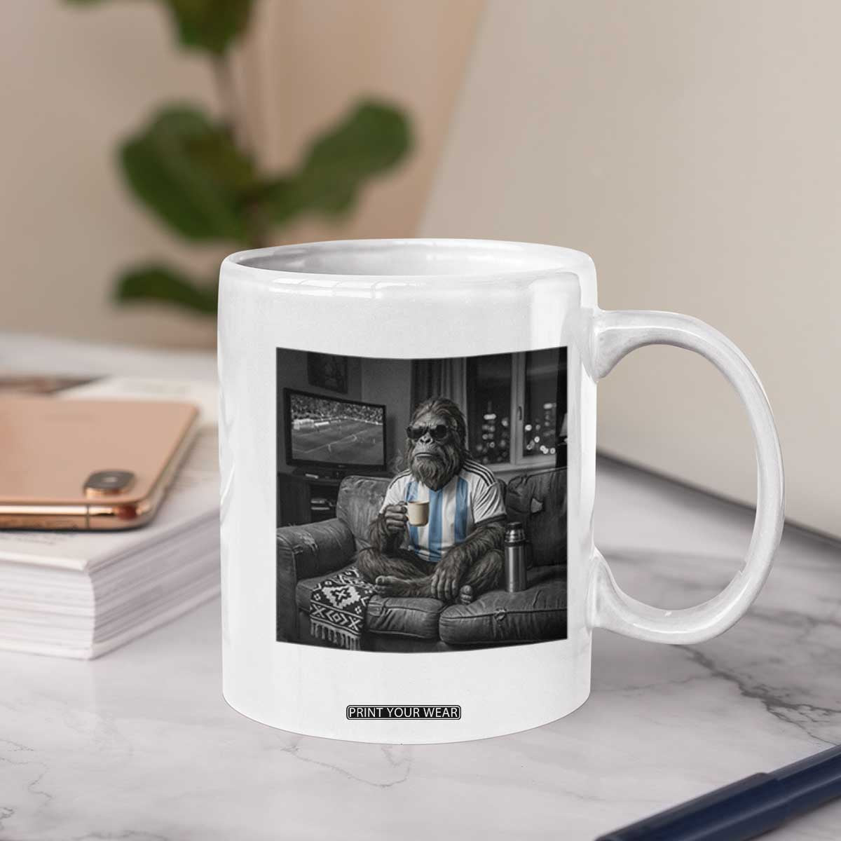 Funny Bigfoot Watching Soccer Coffee Mug Argentina Futbol Fan