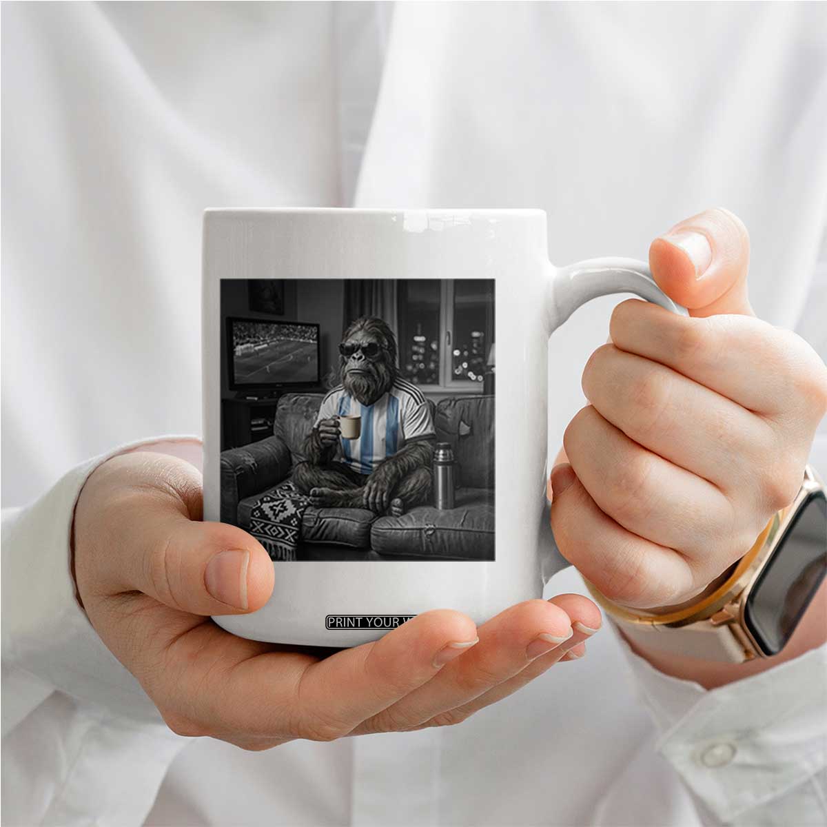 Funny Bigfoot Watching Soccer Coffee Mug Argentina Futbol Fan