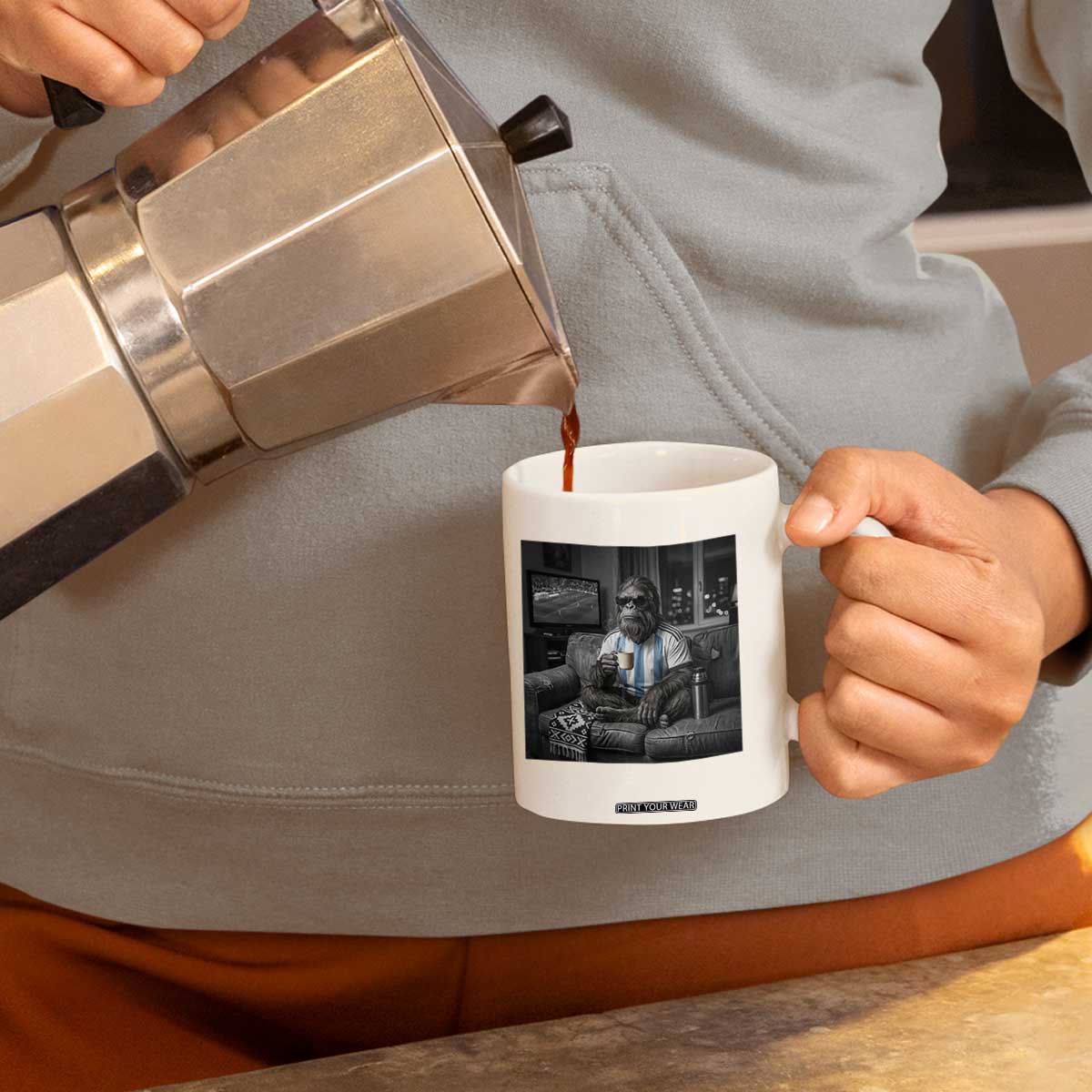 Funny Bigfoot Watching Soccer Coffee Mug Argentina Futbol Fan