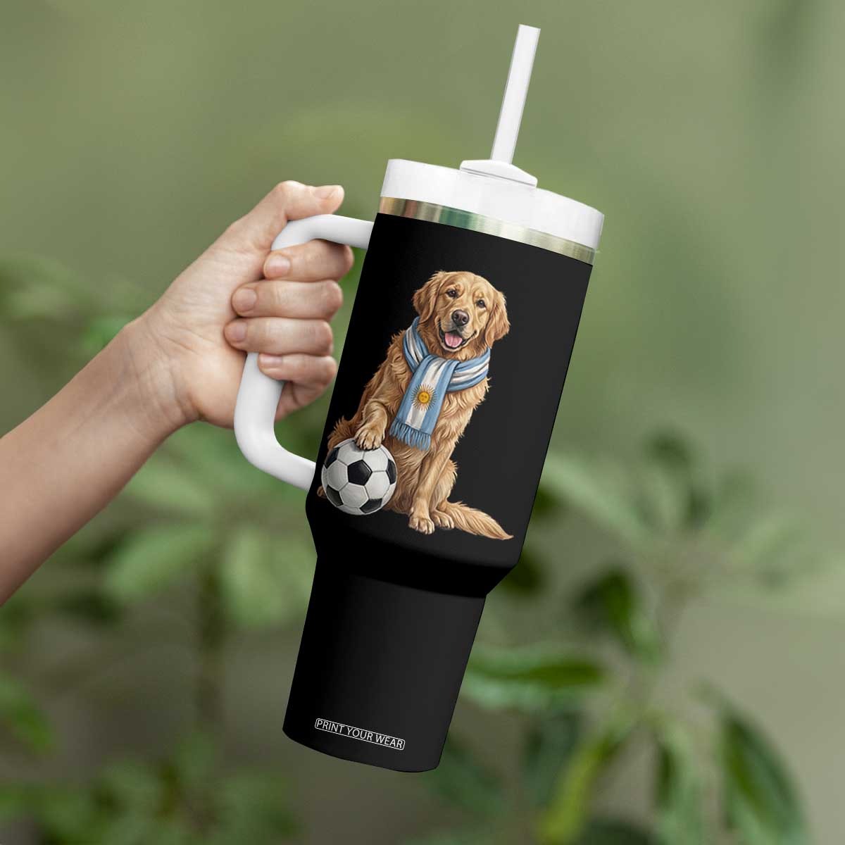 Golden Retriever Soccer Fan Tumbler With Handle Argentina Football Pride