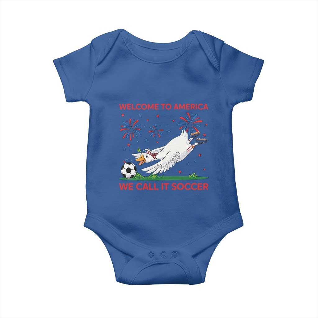 Funny USA Goose Football Baby Onesie Welcome To America We Call It Soccer TS12 Royal Blue Print Your Wear