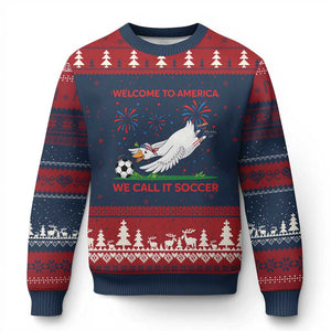 Funny USA Goose Football Ugly Christmas Sweater Welcome To America We Call It Soccer