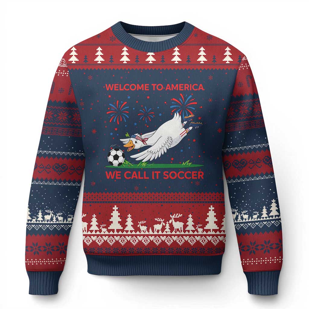 Funny USA Goose Football Ugly Christmas Sweater Welcome To America We Call It Soccer TS12 Navy Red Print Your Wear