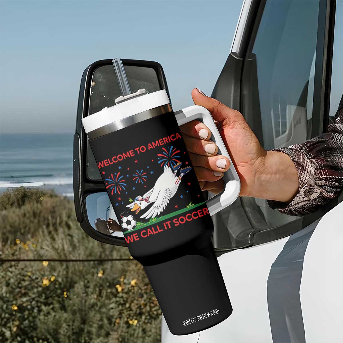 Funny USA Goose Football Tumbler With Handle Welcome To America We Call It Soccer
