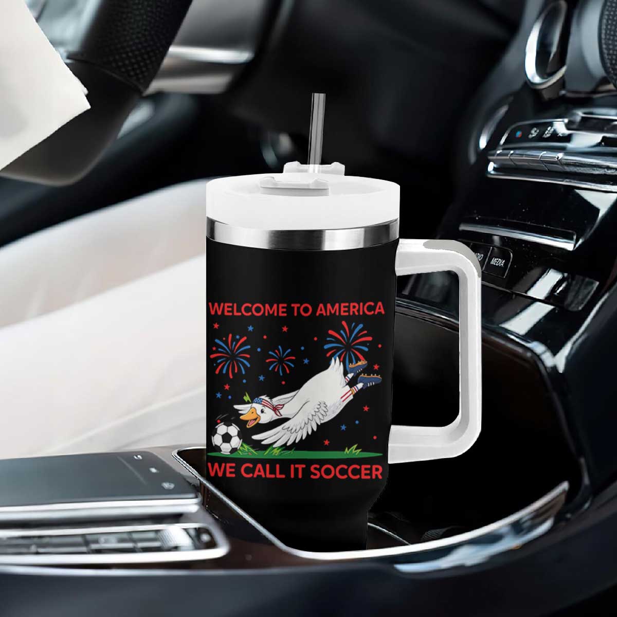Funny USA Goose Football Tumbler With Handle Welcome To America We Call It Soccer