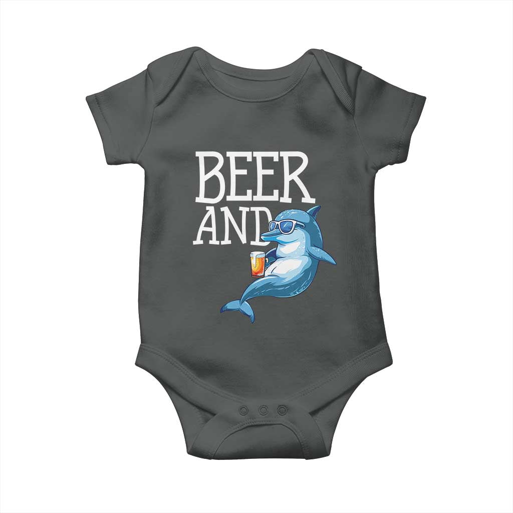 Dolphin And Beer Lover Funny Beach Life Gift Baby Onesie TS12 Dark Heather Print Your Wear
