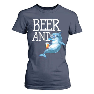 Dolphin And Beer Lover Funny Beach Life Gift T Shirt For Women TS12 Navy Print Your Wear