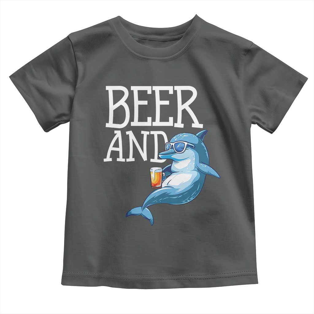 Dolphin And Beer Lover Funny Beach Life Gift Toddler T Shirt TS12 Dark Heather Print Your Wear