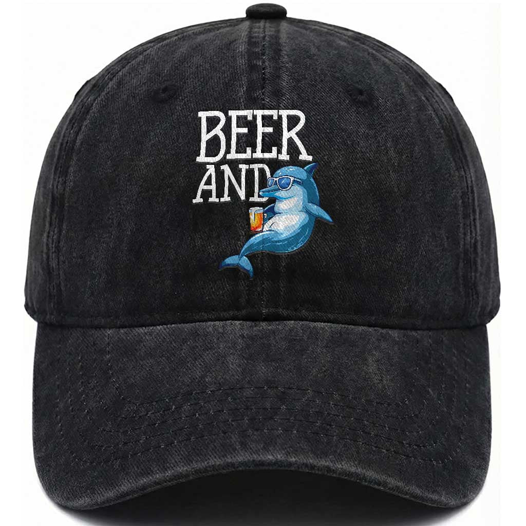 Dolphin And Beer Lover Funny Beach Life Gift Washed Cotton Baseball Cap TS12 Print Your Wear