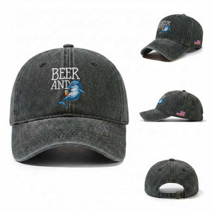 Dolphin And Beer Lover Funny Beach Life Gift Washed Cotton Baseball Cap TS12 Washed Cap Universal Fit Dark Green Print Your Wear