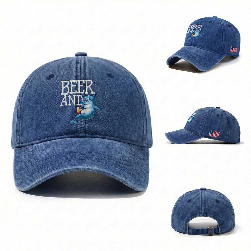 Dolphin And Beer Lover Funny Beach Life Gift Washed Cotton Baseball Cap TS12 Washed Cap Universal Fit Royal Blue Print Your Wear