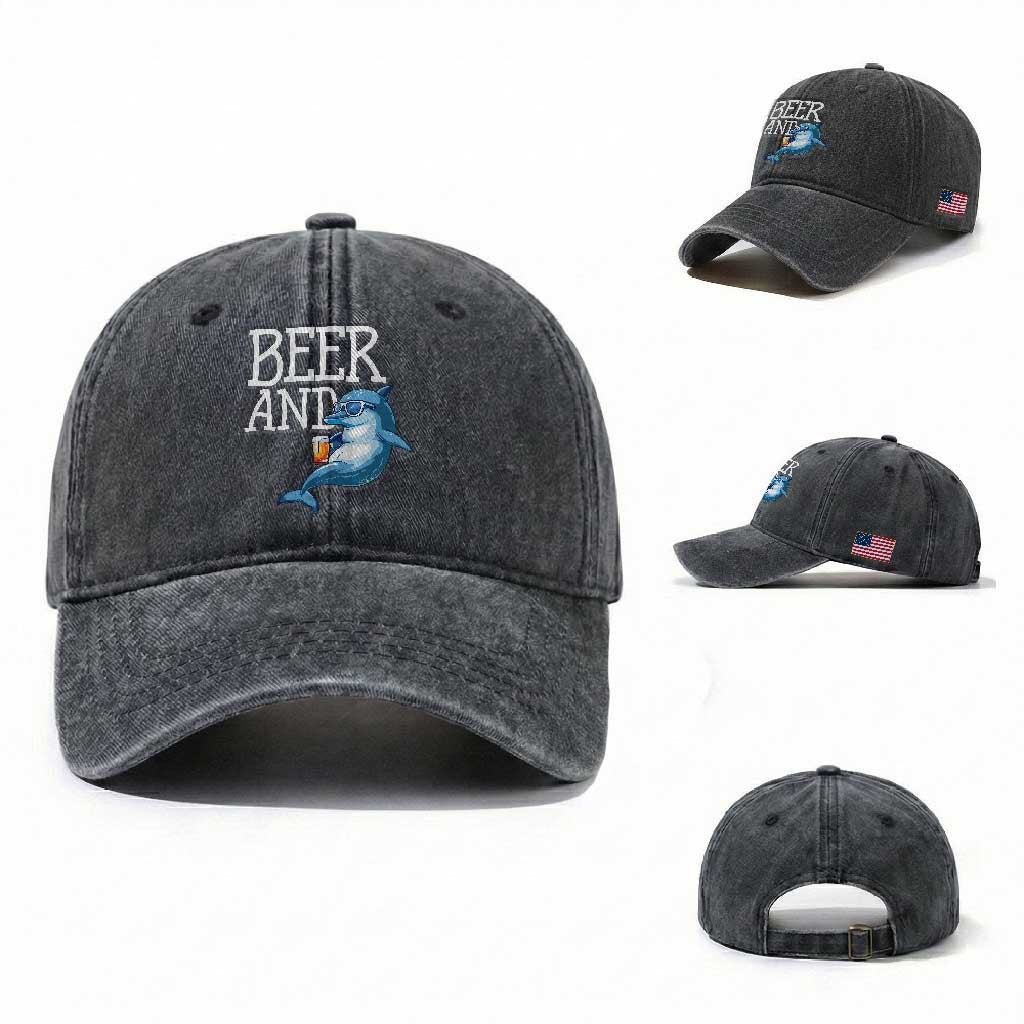 Dolphin And Beer Lover Funny Beach Life Gift Washed Cotton Baseball Cap TS12 Washed Cap Universal Fit Dark Gray Print Your Wear