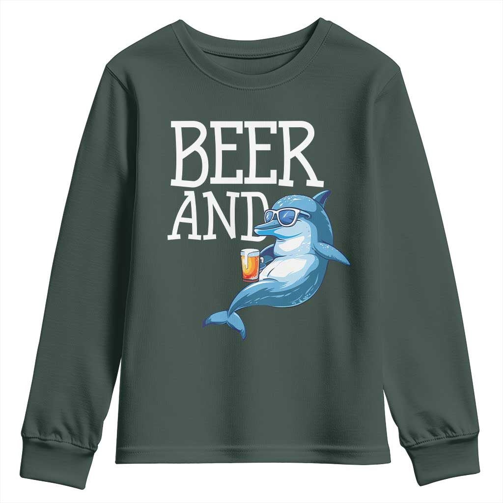 Dolphin And Beer Lover Funny Beach Life Gift Youth Sweatshirt TS12 Dark Forest Green Print Your Wear