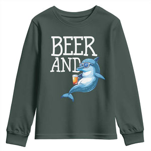 Dolphin And Beer Lover Funny Beach Life Gift Youth Sweatshirt TS12 Dark Forest Green Print Your Wear