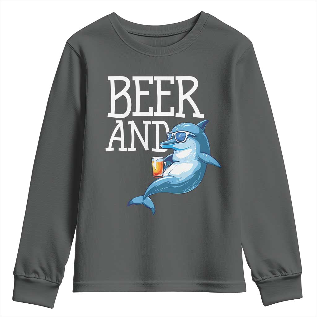 Dolphin And Beer Lover Funny Beach Life Gift Youth Sweatshirt TS12 Dark Heather Print Your Wear