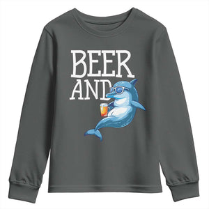 Dolphin And Beer Lover Funny Beach Life Gift Youth Sweatshirt TS12 Dark Heather Print Your Wear
