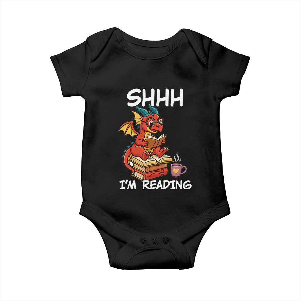 Shhh I Am Reading Baby Onesie Funny Dragon Reading Book TS12 Black Print Your Wear