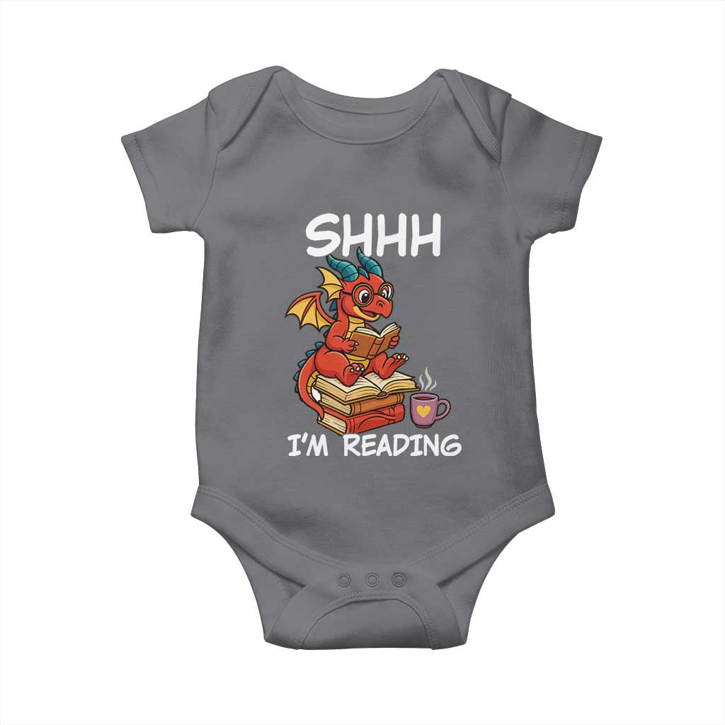 Shhh I Am Reading Baby Onesie Funny Dragon Reading Book TS12 Charcoal Print Your Wear