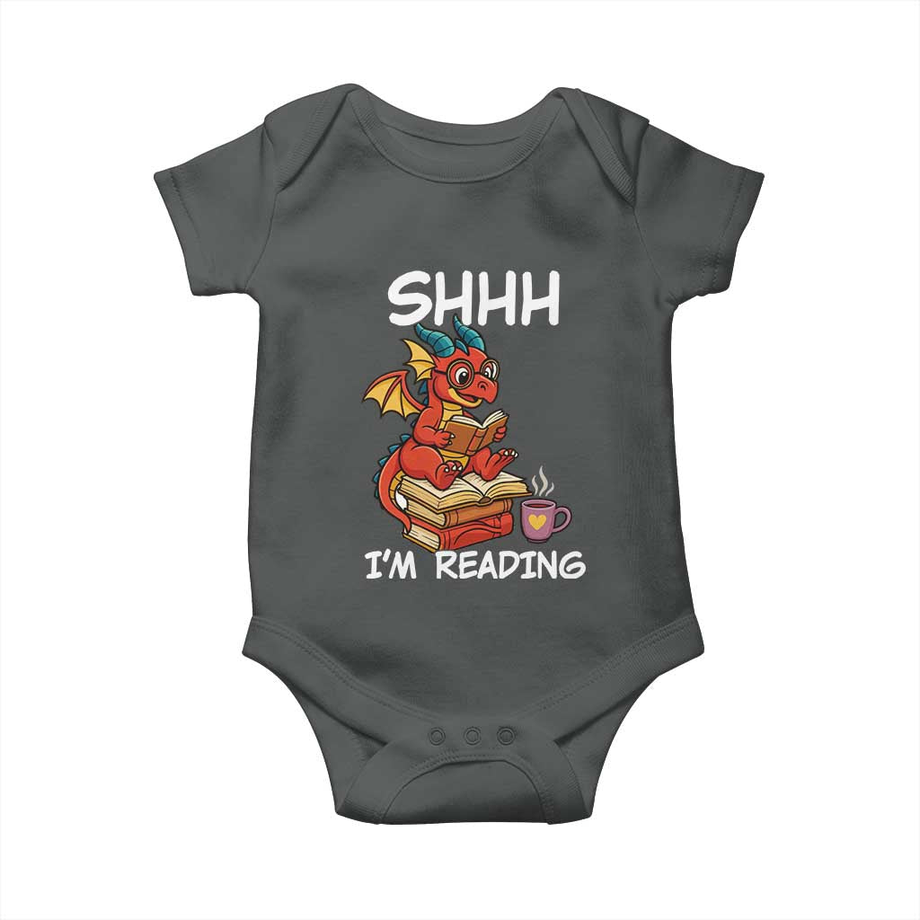 Shhh I Am Reading Baby Onesie Funny Dragon Reading Book TS12 Dark Heather Print Your Wear