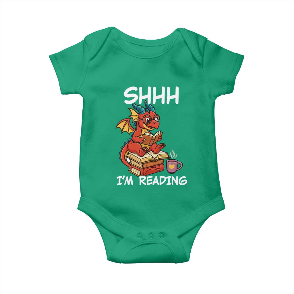 Shhh I Am Reading Baby Onesie Funny Dragon Reading Book TS12 Irish Green Print Your Wear