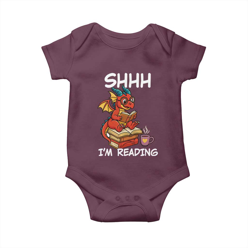 Shhh I Am Reading Baby Onesie Funny Dragon Reading Book TS12 Maroon Print Your Wear