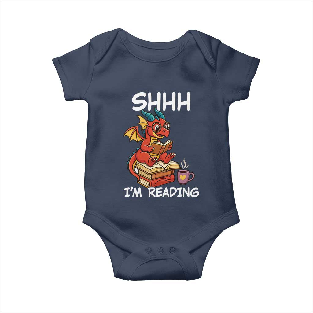 Shhh I Am Reading Baby Onesie Funny Dragon Reading Book TS12 Navy Print Your Wear
