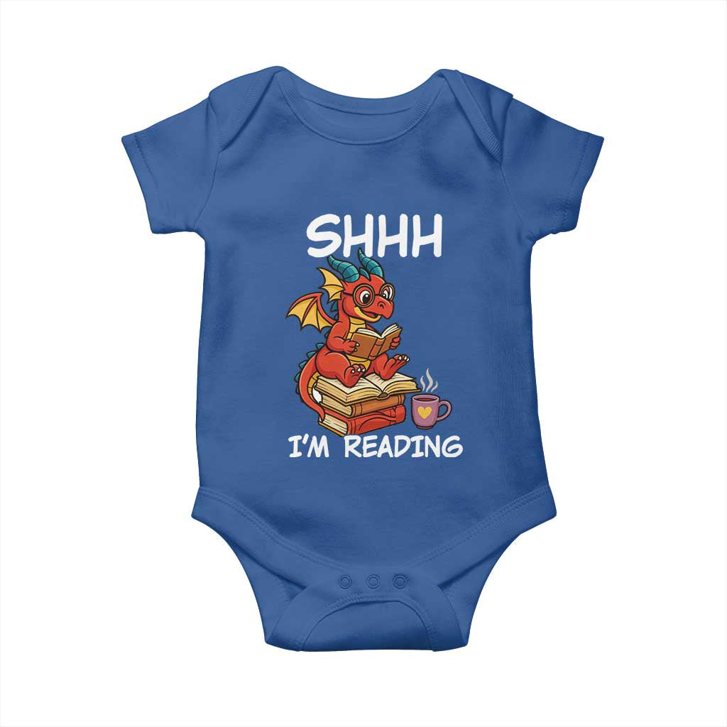 Shhh I Am Reading Baby Onesie Funny Dragon Reading Book TS12 Royal Blue Print Your Wear