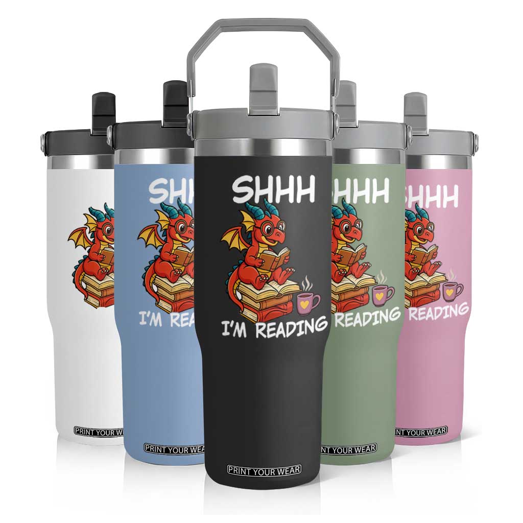 Shhh I Am Reading Flip Straw Tumbler Funny Dragon Reading Book TS12 Print Your Wear