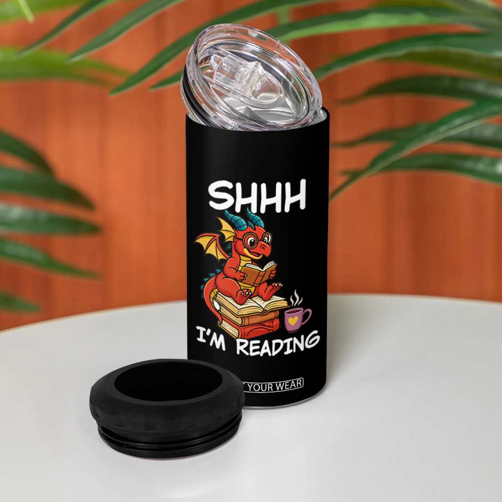 Shhh I Am Reading 4 in 1 Can Cooler Tumbler Funny Dragon Reading Book TS12 Print Your Wear