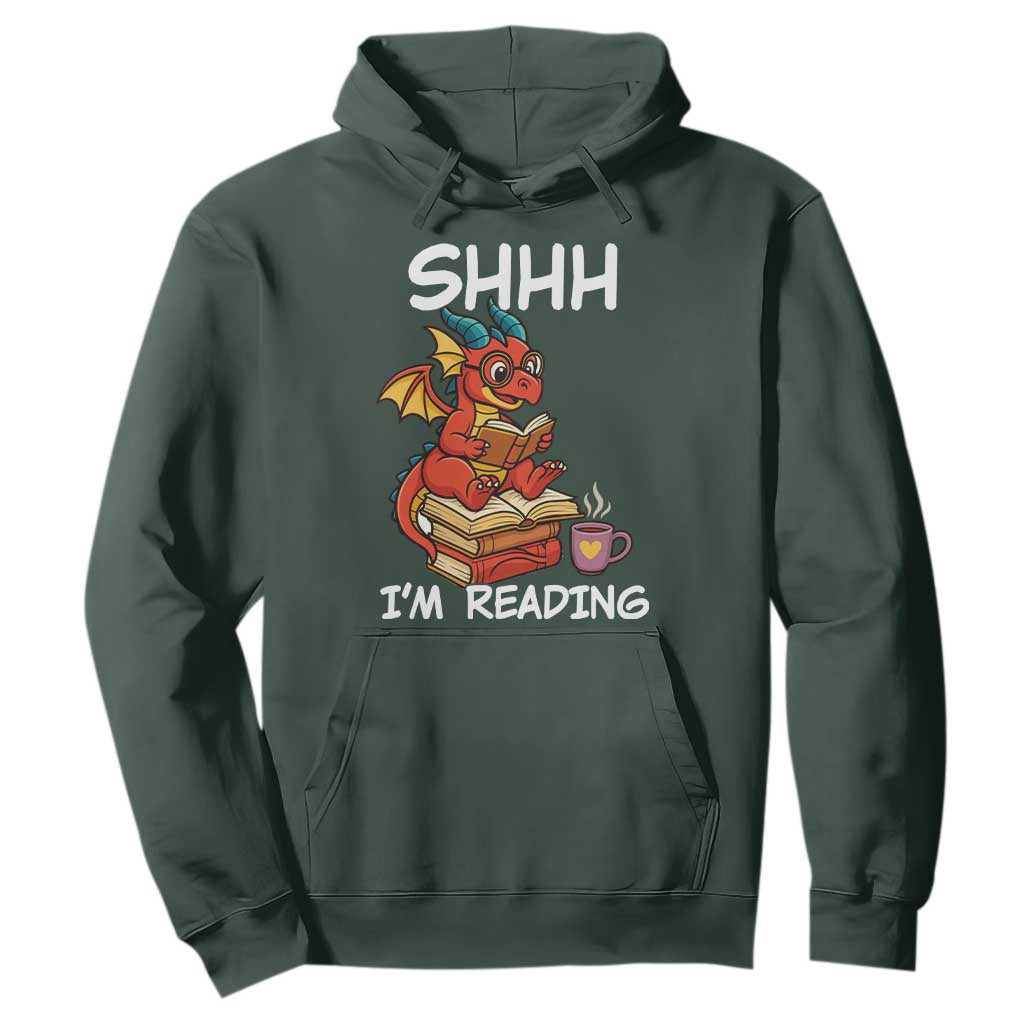 Shhh I Am Reading Hoodie Funny Dragon Reading Book TS12 Dark Forest Green Print Your Wear