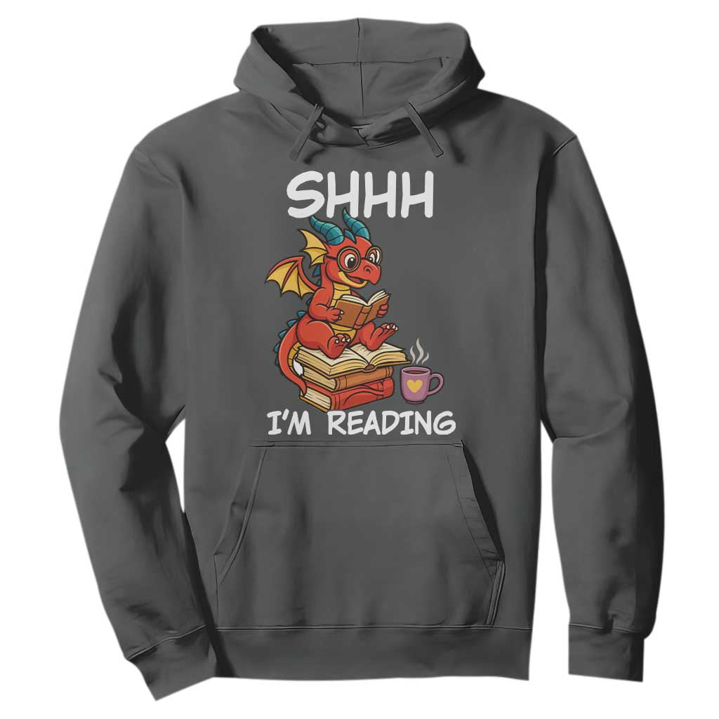 Shhh I Am Reading Hoodie Funny Dragon Reading Book TS12 Dark Heather Print Your Wear