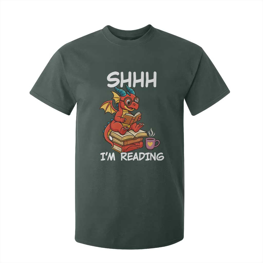 Shhh I Am Reading T Shirt For Kid Funny Dragon Reading Book TS12 Dark Forest Green Print Your Wear