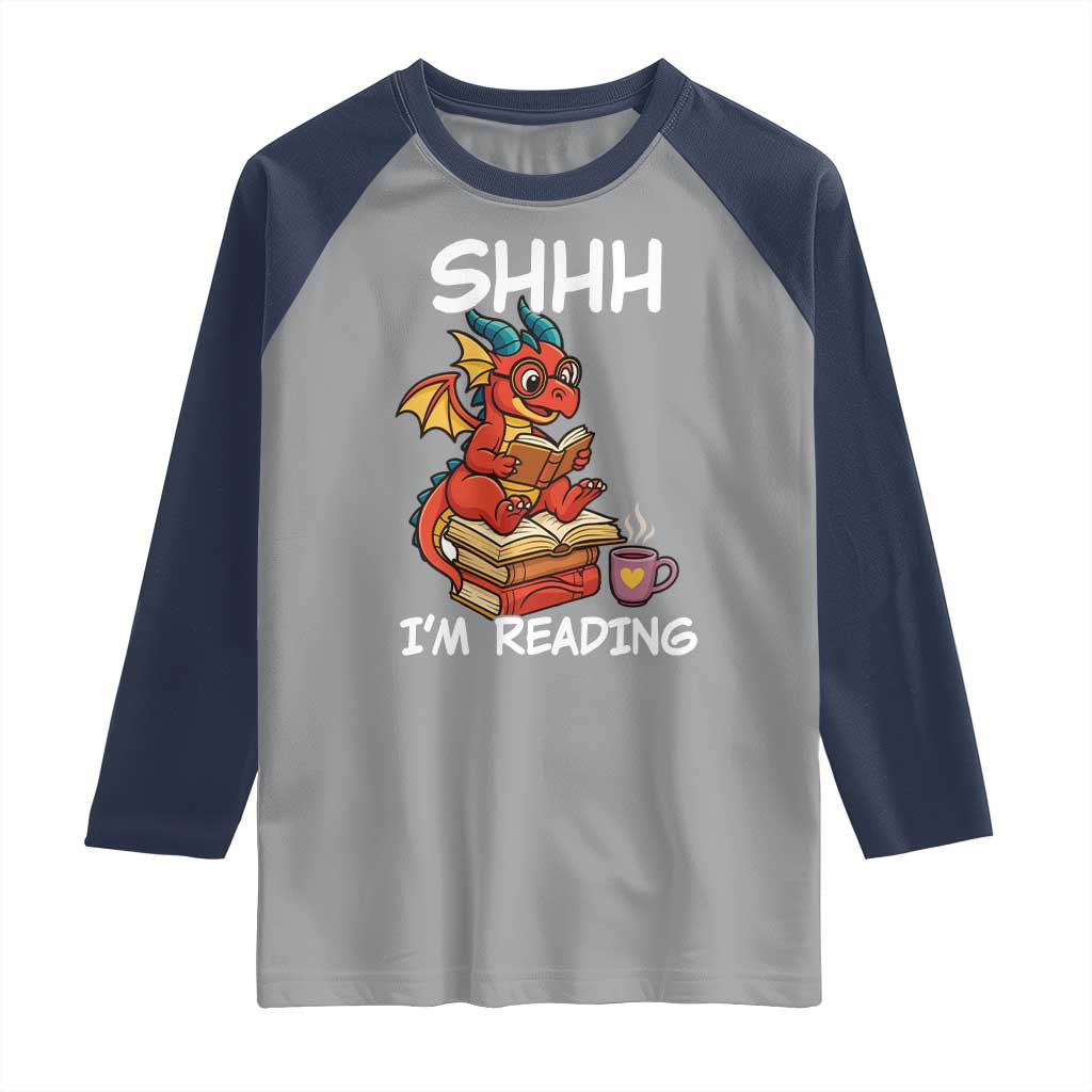 Shhh I Am Reading Raglan Shirt Funny Dragon Reading Book TS12 Sport Gray Navy Print Your Wear