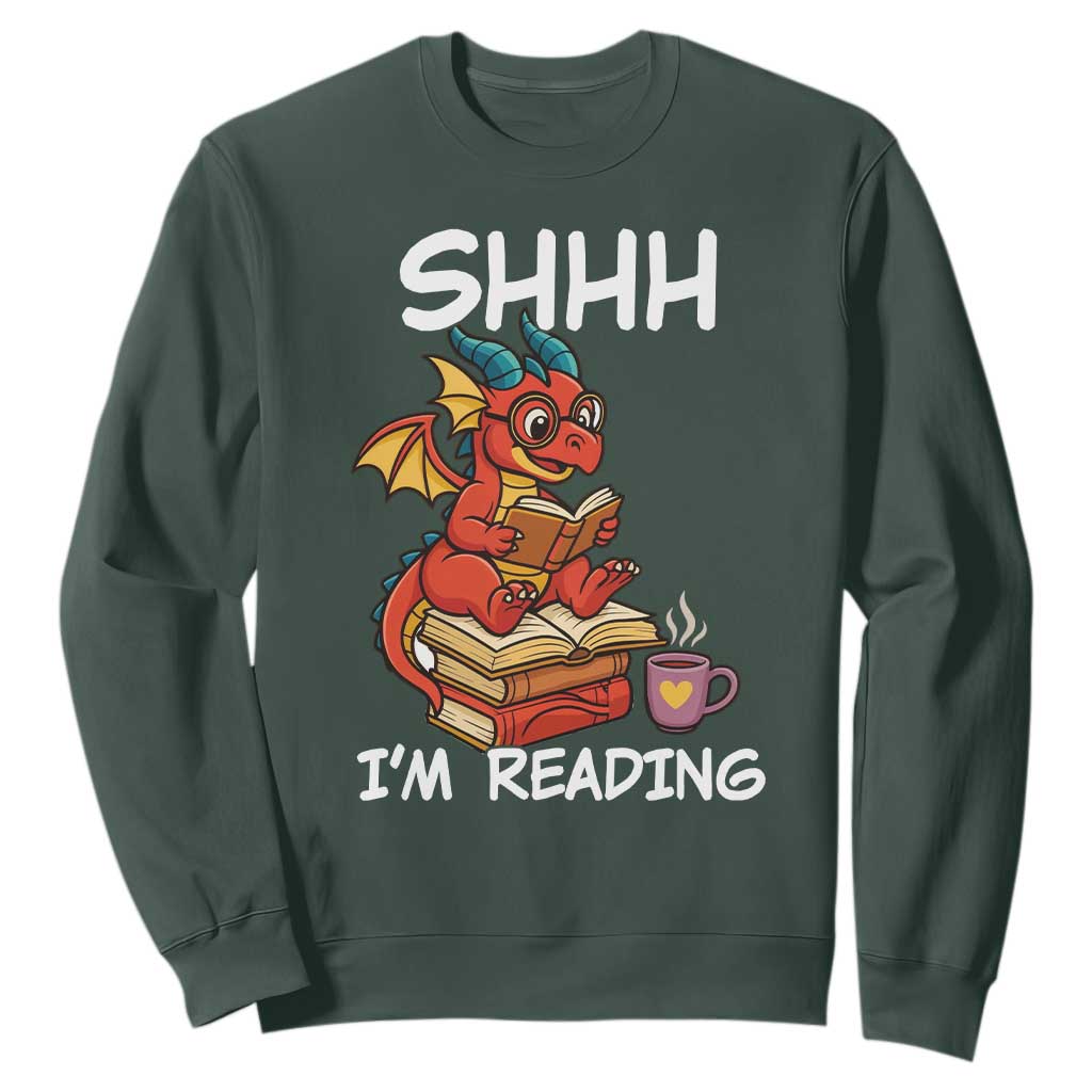Shhh I Am Reading Sweatshirt Funny Dragon Reading Book TS12 Dark Forest Green Print Your Wear