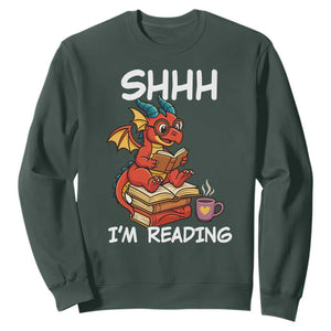 Shhh I Am Reading Sweatshirt Funny Dragon Reading Book TS12 Dark Forest Green Print Your Wear