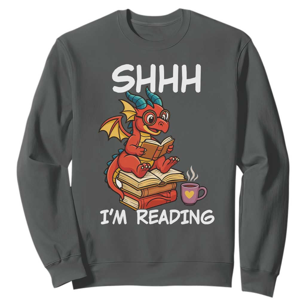 Shhh I Am Reading Sweatshirt Funny Dragon Reading Book TS12 Dark Heather Print Your Wear