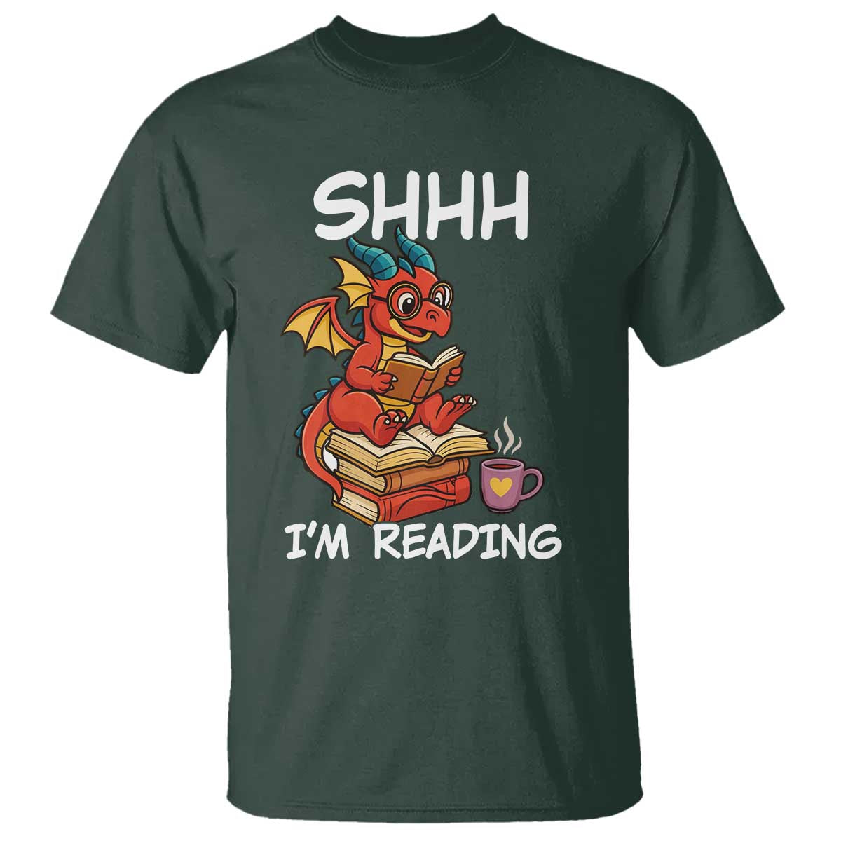 Shhh I Am Reading T Shirt Funny Dragon Reading Book TS12 Dark Forest Green Print Your Wear
