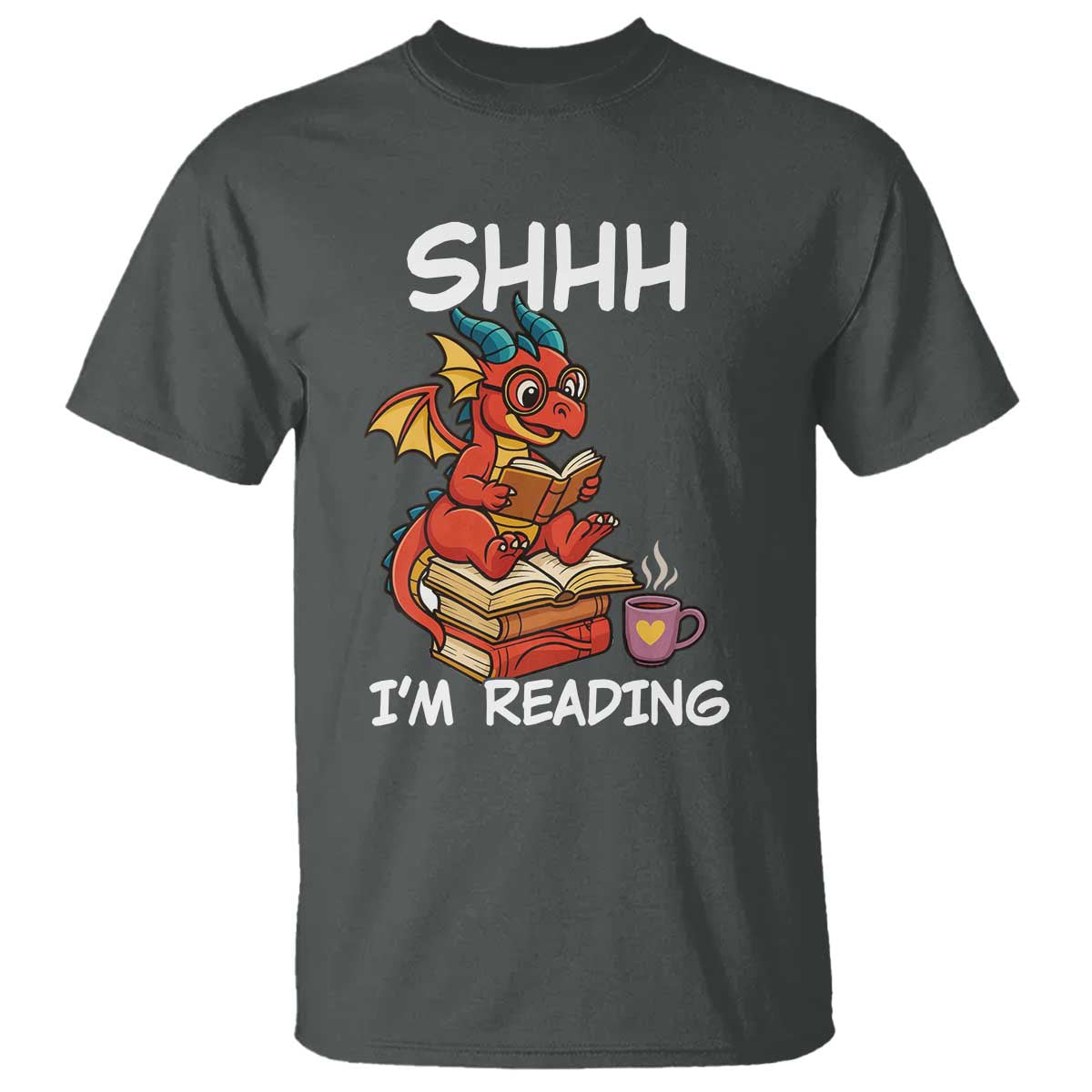 Shhh I Am Reading T Shirt Funny Dragon Reading Book TS12 Dark Heather Print Your Wear
