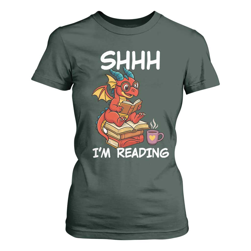 Shhh I Am Reading T Shirt For Women Funny Dragon Reading Book TS12 Dark Forest Green Print Your Wear