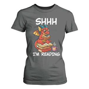 Shhh I Am Reading T Shirt For Women Funny Dragon Reading Book TS12 Dark Heather Print Your Wear