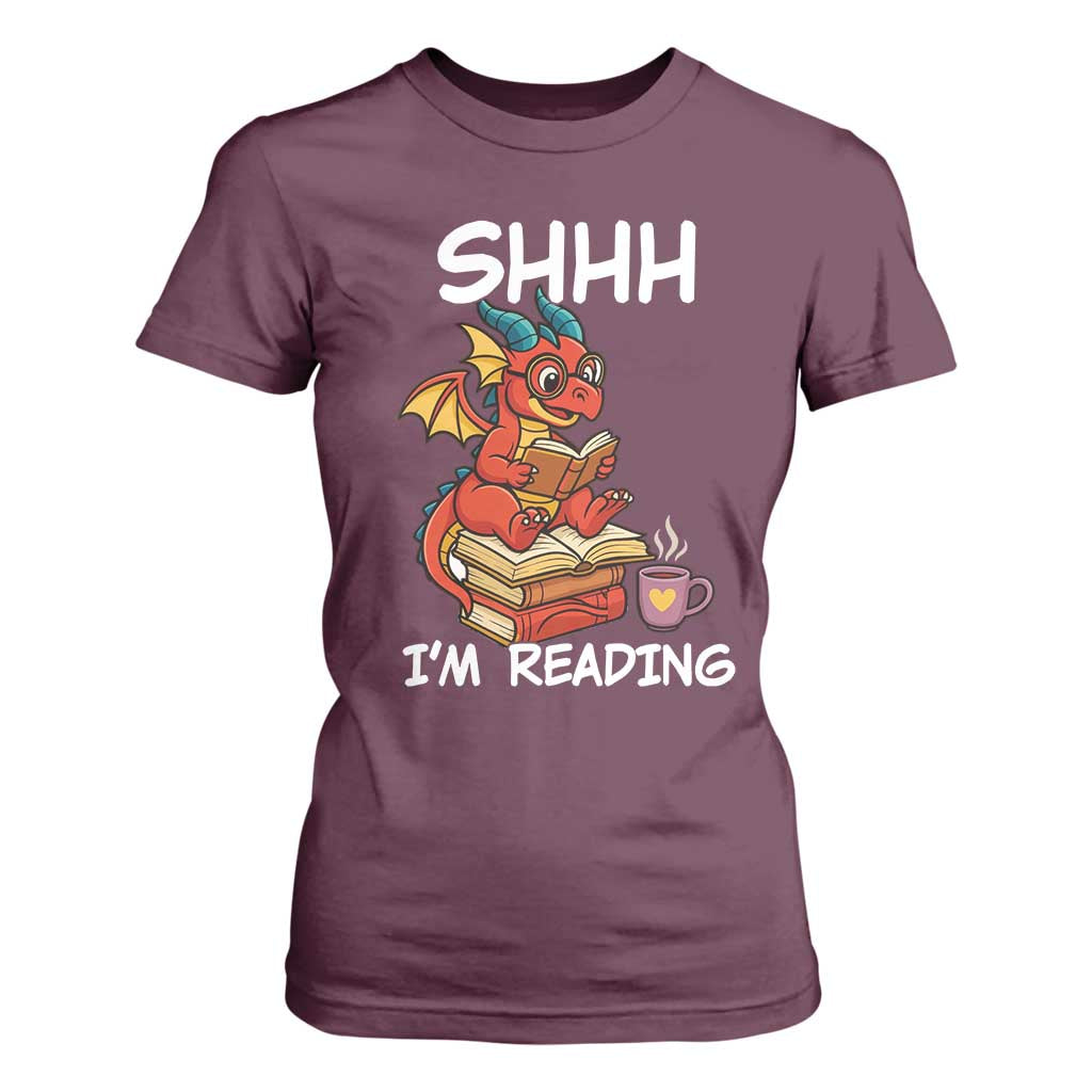 Shhh I Am Reading T Shirt For Women Funny Dragon Reading Book TS12 Maroon Print Your Wear